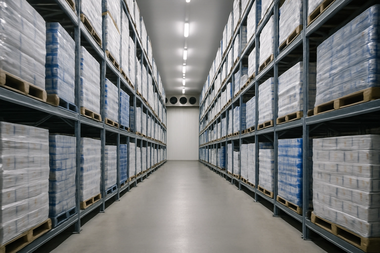 Warehouse aisle with cold storage